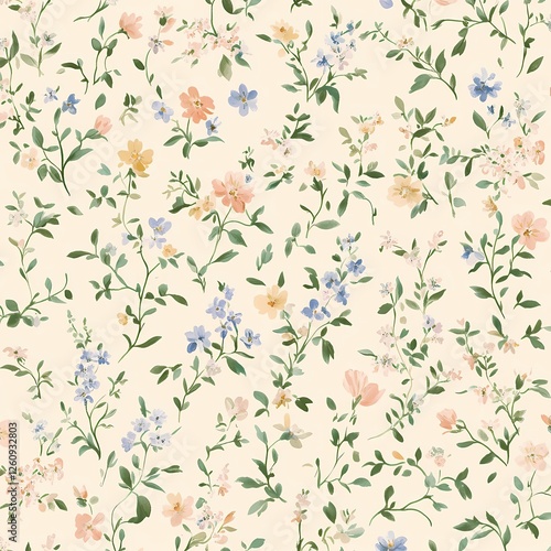 Wallpaper Mural Serene floral pattern with intricate wildflowers in pastel peach, lilac, pale blue, and pale green, scattered on a light neutral background for a peaceful, vintage-inspired atmosphere.

 Torontodigital.ca