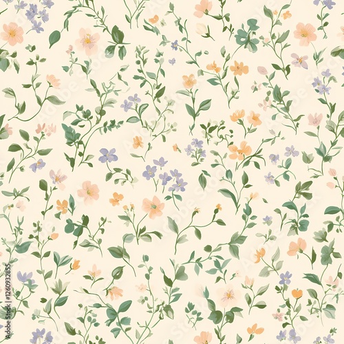 Wallpaper Mural Serene floral pattern with intricate wildflowers in pastel peach, lilac, pale blue, and pale green, scattered on a light neutral background for a peaceful, vintage-inspired atmosphere.

 Torontodigital.ca