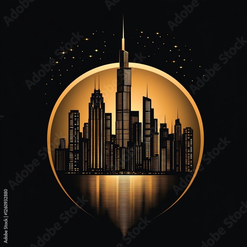 A stunning illustration of a city skyline at night, featuring various tall buildings silhouetted against a glowing backdrop, reflecting beautifully on the water surface. photo