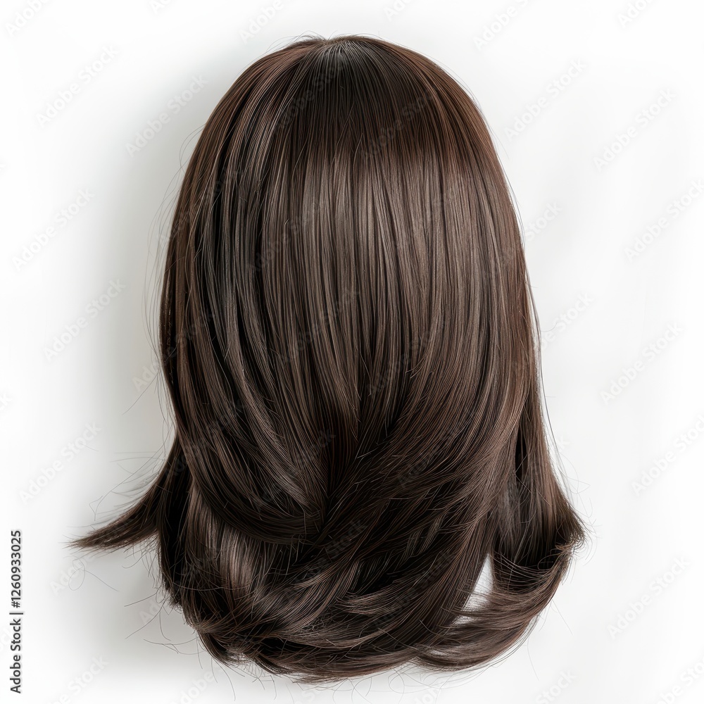 Shoulder-length layered dark brown wig against white background Shoulder-length layered dark brown wig against white background