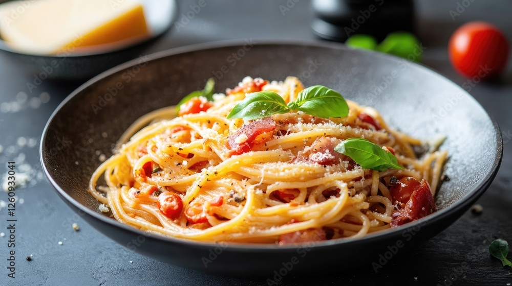 Spaghetti alla Amatriciana with pancetta bacon, tomatoes and pecorino cheese Spaghetti alla Amatriciana with pancetta bacon, tomatoes and pecorino cheese