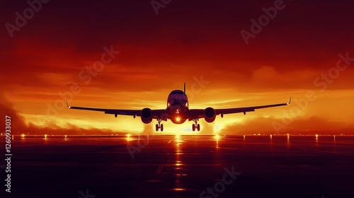 Airplane landing at sunset over a shimmering runway in a vibrant sky