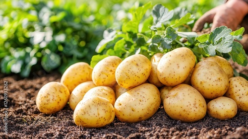 potato hand picking organic harvest. Freshly harvested potatoes on soil with green foliage in the background.
