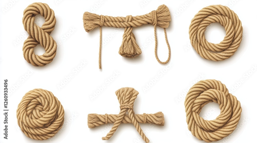 Variety of Different Rope Knots and Textures Displayed on a White Background Variety of Different Rope Knots and Textures Displayed on a White Background