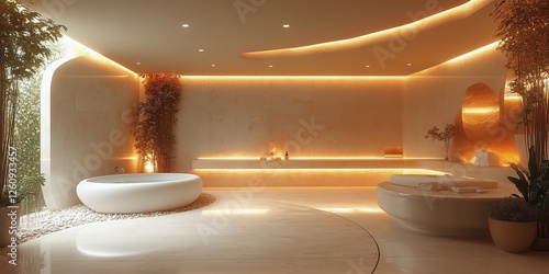 Relaxing spa interior with warm lighting and natural decor for wellness exper...