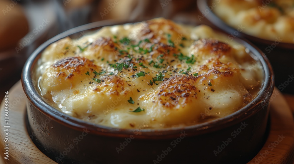 Creamy baked macaroni with cheesy topping served in a rustic dish Creamy baked macaroni with cheesy topping served in a rustic dish