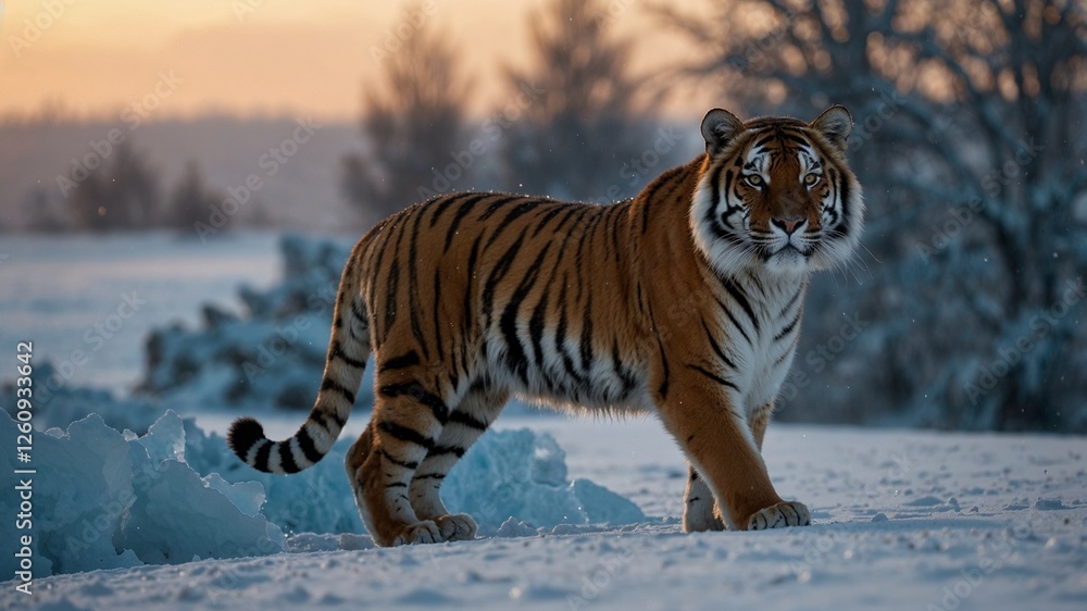 Obraz premium Majestic Siberian tiger walking gracefully through snowy landscape during golden hour