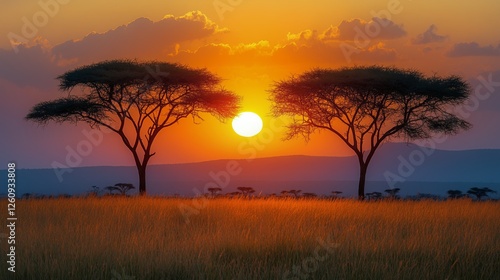 Sunset over savanna with acacia trees silhouetted against a colorful sky
