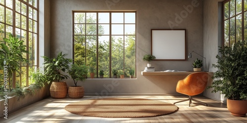 Modern office interior design featuring a stylish workstation and natural light