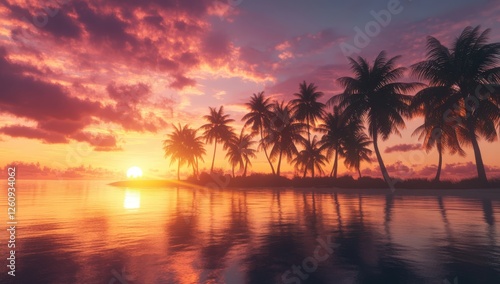 Fototapeta Naklejka Na Ścianę i Meble -  A sunset over the ocean with palm trees in the foreground