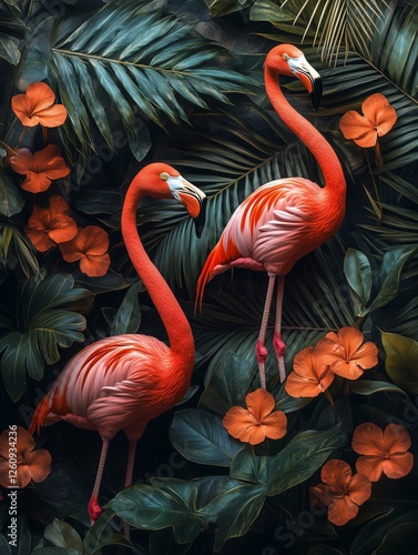 Vibrant flamingos surrounded by tropical flowers and lush foliage in a serene...