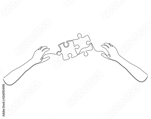 Continuous one line drawing of hand with puzzle. One line drawing illustration of hand combined with puzzle. Problem solving concept single line. Editable outline
