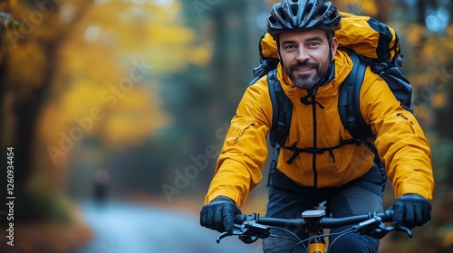 Passionate cyclist enjoying autumn ride through a scenic forest path at dusk