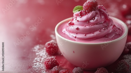 Refreshing raspberry swirl dessert served in a bowl with fresh berries on a v...