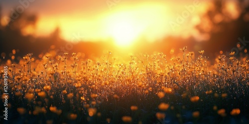 Beautiful sunset casting warm light on dew-covered grass in serene natural se...