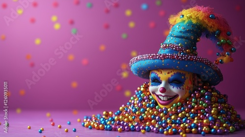 Colorful jester figure surrounded by vibrant beads on a purple background dur...