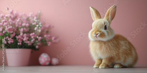 Cute rabbit poses in a pastel-colored room with flowers and Easter eggs