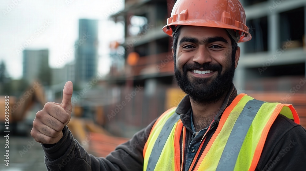 Obraz premium Smiling Middle Eastern Construction Worker Giving a Thumbs-Up at an Urban Worksite