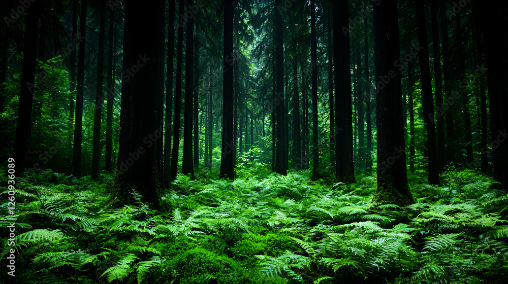 Dark forest ferns, misty path, nature background, wallpaper Dark forest ferns, misty path, nature background, wallpaper
