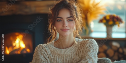 Cozy indoor setting with a young woman by a warm fireplace during winter evening