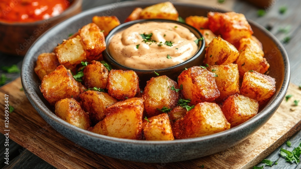 Patatas bravas, spanish deep fried potatoes with spicy sauce and garlic aioli Patatas bravas, spanish deep fried potatoes with spicy sauce and garlic aioli