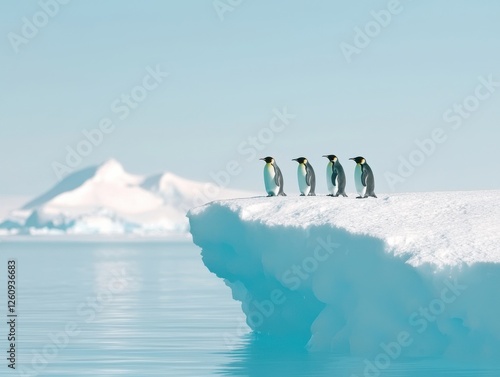 Bilde på lerret Penguins taking a stand on iceberg antarctica wildlife icy environment side view