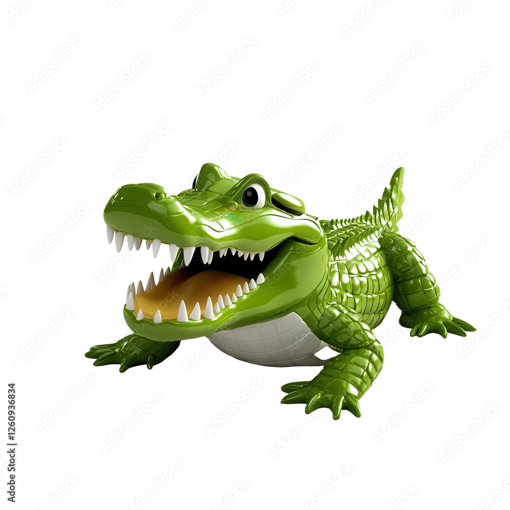 Fototapeta premium Playful green crocodile toy studio background fun environment front view transparent background