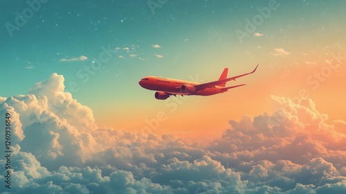 Airplane flying over colorful clouds during sunset in the evening sky