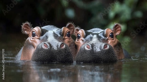 Two hippos swim closely together in a serene river during golden hour in the ...