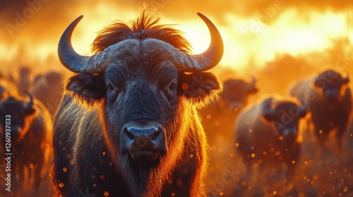 Herd of buffalo grazing during sunset in a warm, golden-hued landscape