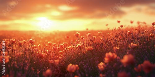 Vibrant lavender field illuminated by golden sunlight in the evening