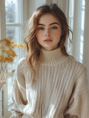 Young woman with wavy hair sitting by a window in casual hoodie during daylig...