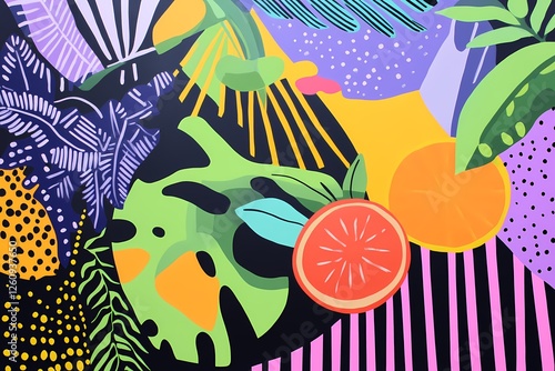 Wallpaper Mural Abstract tropical landscape with geometric patterns, colorful foliage, oversized tropical fruits in pop art flat-color style, with peach, lavender, and lime green hues against dark stripes on a unique Torontodigital.ca