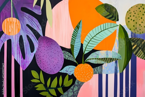 Abstract tropical landscape with geometric patterns, colorful foliage, oversized tropical fruits in pop art flat-color style, with peach, lavender, and lime green hues against dark stripes on a unique
