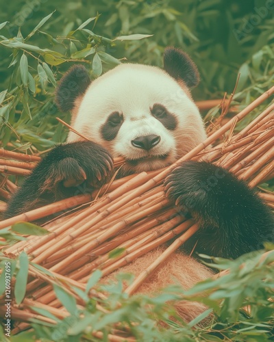 Panda eating bamboo natural habitat wildlife lush environment close-up view conservation concept photo