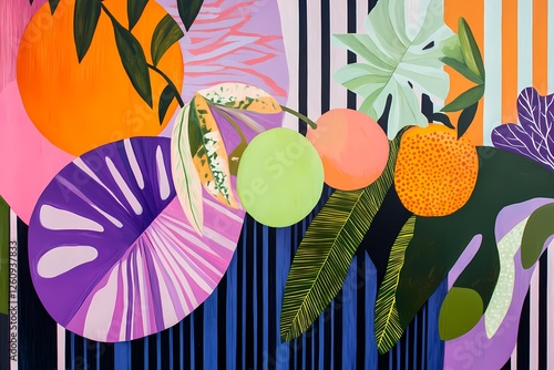 Abstract tropical landscape with geometric patterns, colorful foliage, oversized tropical fruits in pop art flat-color style, with peach, lavender, and lime green hues against dark stripes on a unique