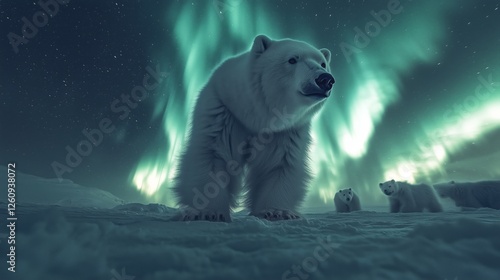Polar bears under the northern lights in a snowy Arctic landscape at night