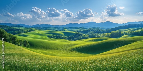 Vibrant green rolling hills under a bright blue sky at midday with fluffy clouds
