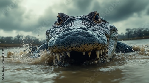 Crocodile emerging from water in cloudy weather at a riverbank environment