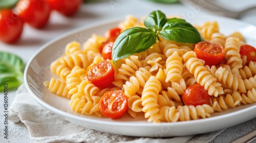 Pasta ptitim with cherry tomatoes and basil in a white plate photo