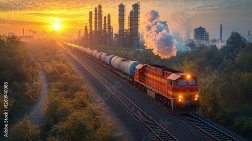Sunset over railroad tracks with freight train near urban skyline