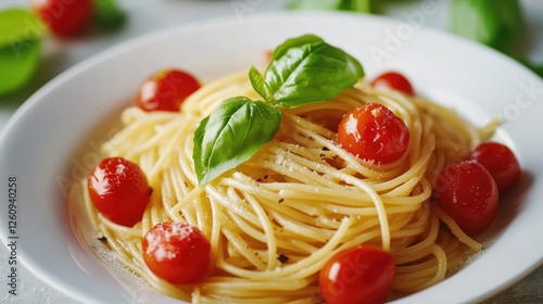 Pasta ptitim with cherry tomatoes and basil in a white plate photo