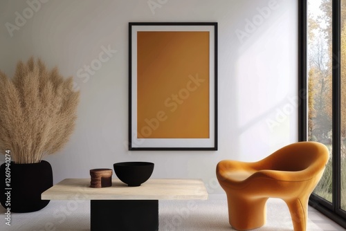 Modern Living Room Design Featuring Contemporary Art, Stylish Furniture Arrangement, Elegant Natural Decor Elements