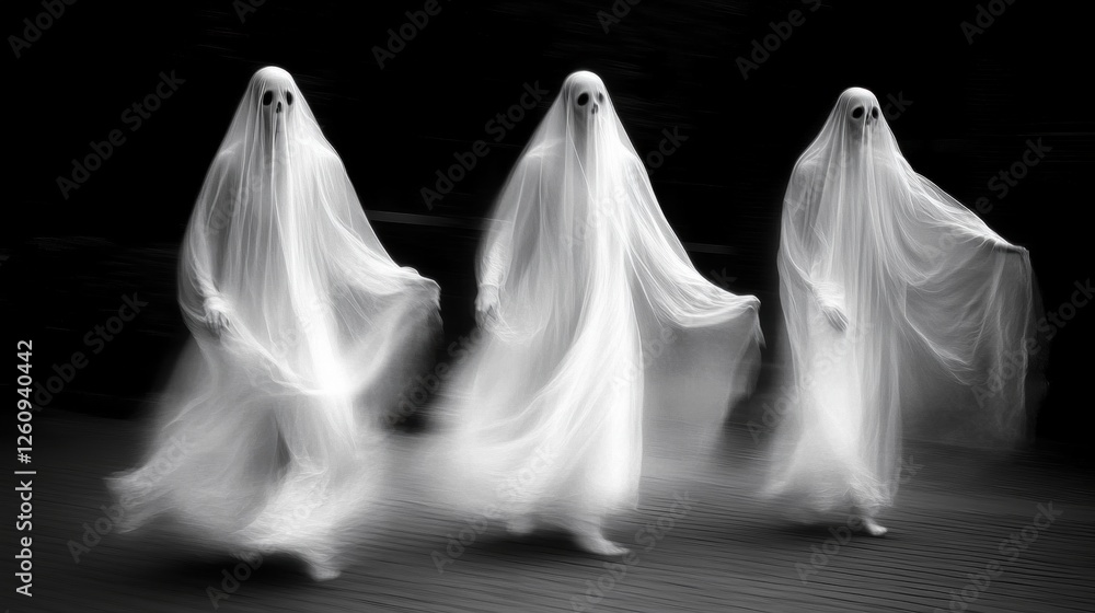 Trio of Ethereal Ghosts with Flowing White Drapery Moving Through a Dark Environment Trio of Ethereal Ghosts with Flowing White Drapery Moving Through a Dark Environment