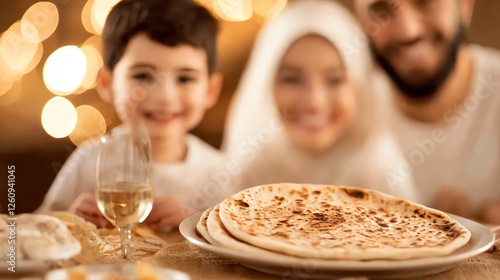 A joyful family gathering around a delicious meal of freshly made flatbread, celebrating moments of togetherness and love during a festive occasion. photo