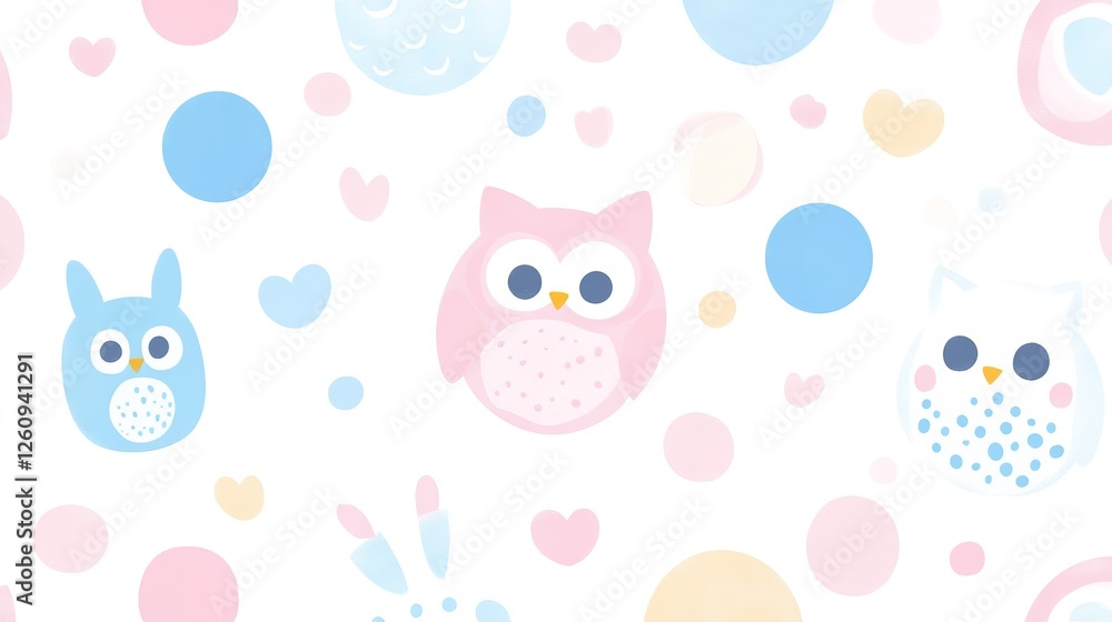 Pastel Owls Hearts and Circles Pattern Design Pastel Owls Hearts and Circles Pattern Design