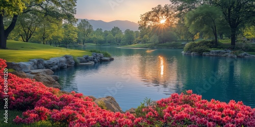 Sunrise over a tranquil lake surrounded by vibrant flowers and lush greenery ...