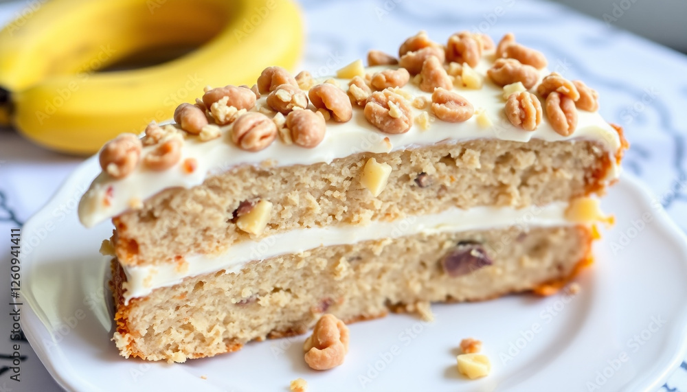 A banana cake topped with crunchy nuts and creamy frosting, served on a white plate, offering a delicious and moist dessert with a rich and nutty flavor. A banana cake topped with crunchy nuts and creamy frosting, served on a white plate, offering a delicious and moist dessert with a rich and nutty flavor.