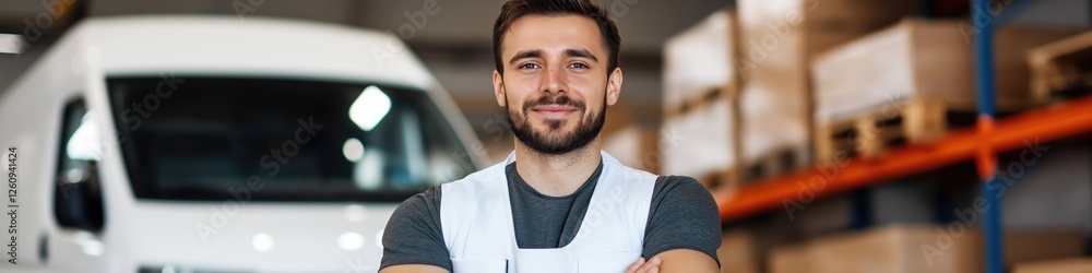 Obraz premium A man is standing in front of a white van and a stack of boxes. He is wearing a white shirt and a vest