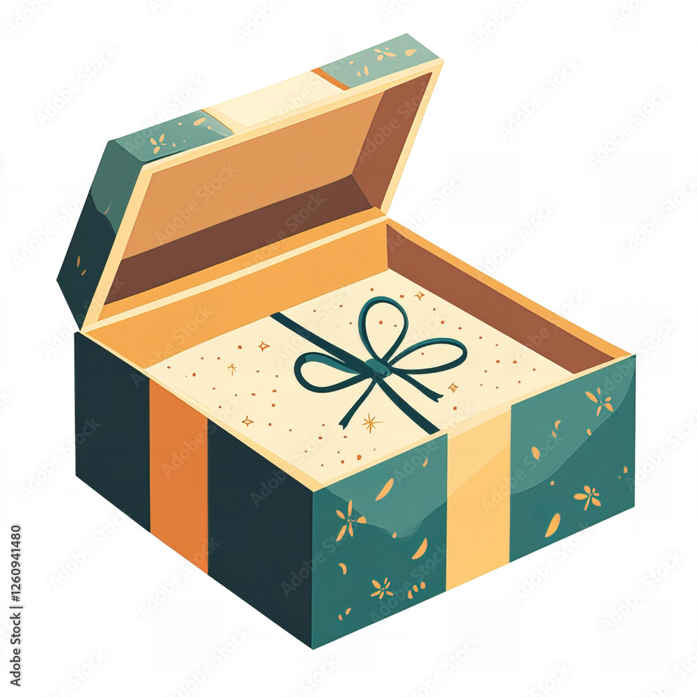 Open Gift Box with Teal Ribbon and Confetti, Isolated on White Background Open Gift Box with Teal Ribbon and Confetti, Isolated on White Background